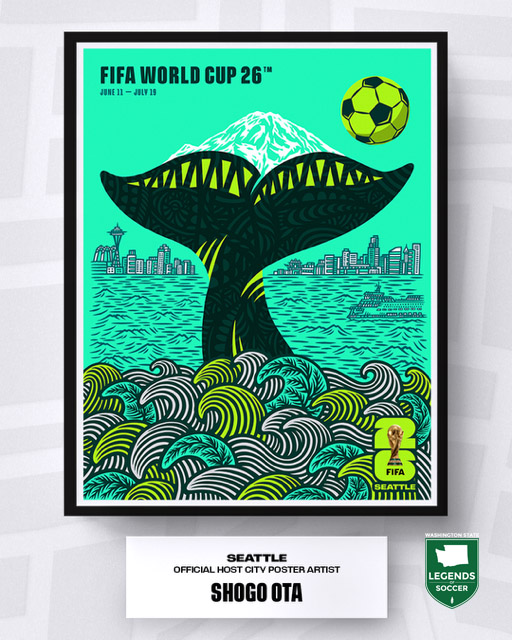 The Seattle Host City poster for the 2026 FIFA World Cup was unveiled April 3, 2025. Artist Shogo Ota's design features black fins of an orca in Puget Sound, their edges resembling the Lumen Field roof. Sports Illustrated later ranks it as the top poster among the 16 venues.
(Courtesy SEA2026)