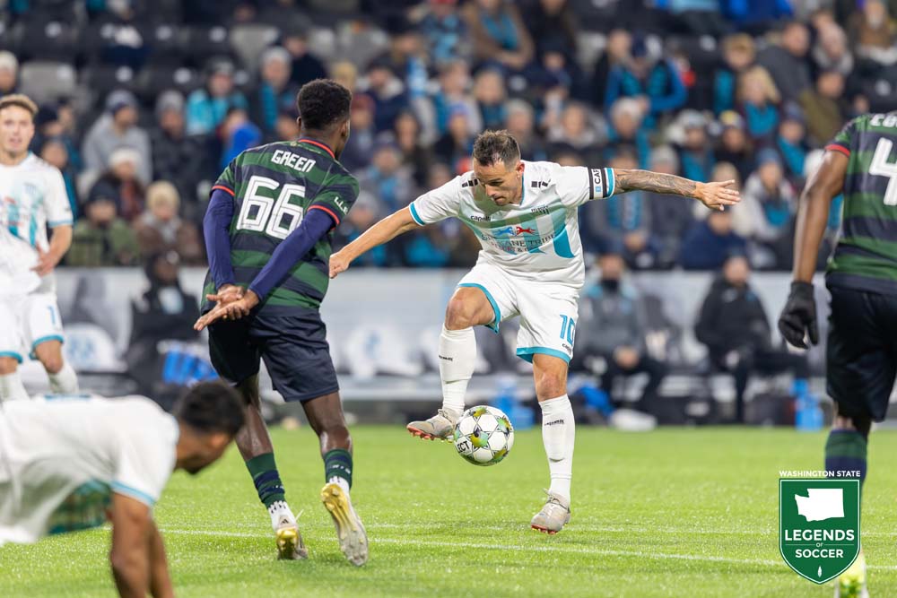 Spokane skipper Luis Gil continued scoring big goals in 2025, including the opener in the Velocity's USL 1 semifinal vs. Portland (Maine). (Brandon Campea/USL Spokane)