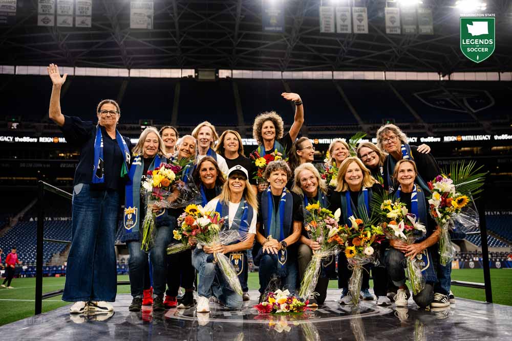 Members of the first U.S. Women's National Team, a.k.a. The 85ers, were honored by the Seattle Reign on the 40th anniversary of their inaugural match, Aug. 18, 2025. (Jane Gershovich/Seattle Reign)