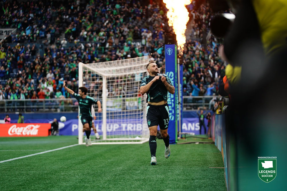 Jordan Morris stressed the Sounders crest after scoring vs. LAFC to become Seattle's career scoring king during a 5-2 victory. (Mike Fiechtner/Sounders FC)