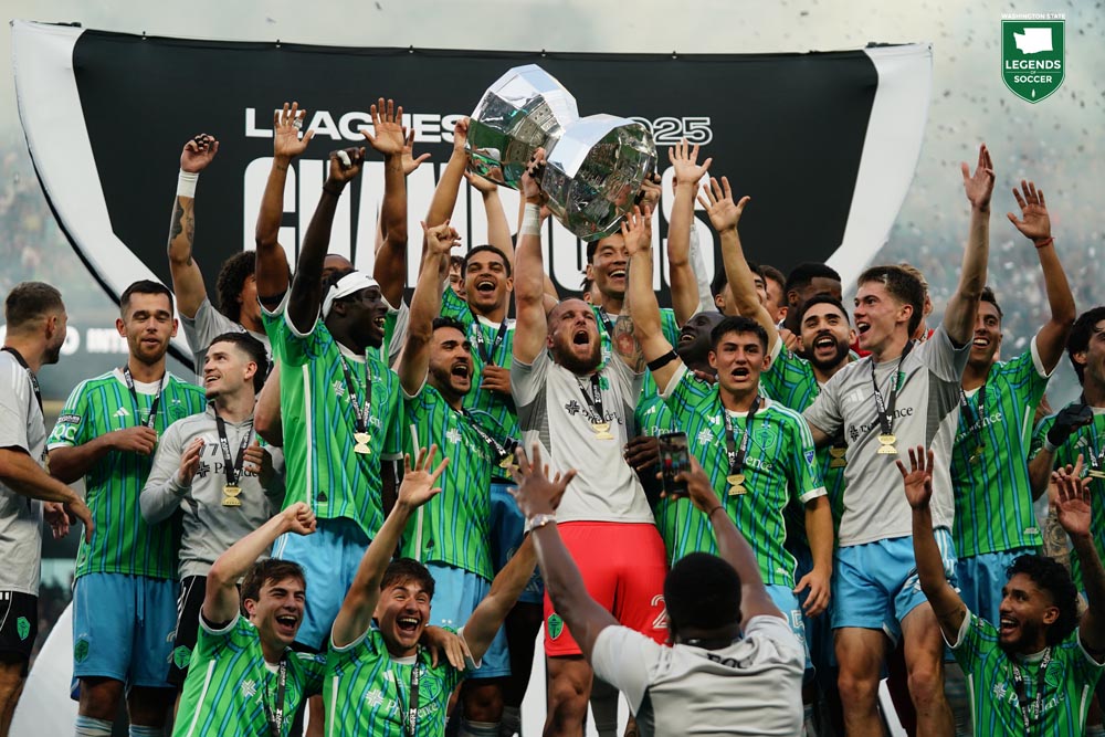 The Sounders showed off their newest prize, the 2025 Leagues Cup, after vanquishing Lionel Messi and Inter Miami, 3-0. (Mike Fiechtner/Sounders FC)