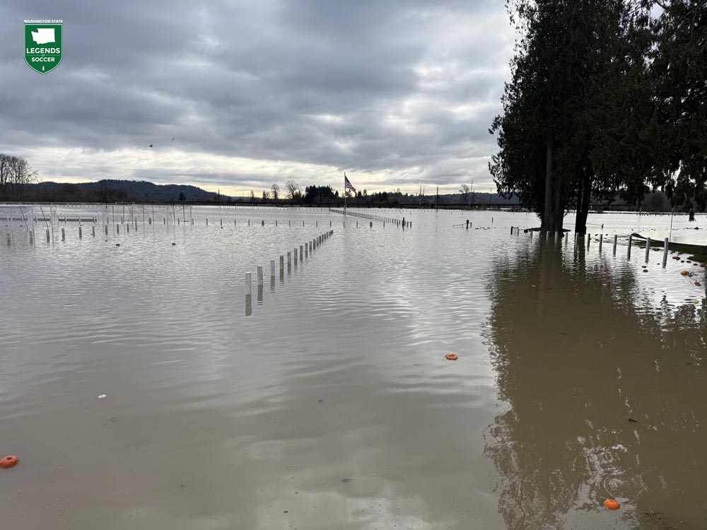 Snohomish United's Stocker Field was several feet underwater during record flooding by the Snohomish River in December 2025. (Snohomish United)