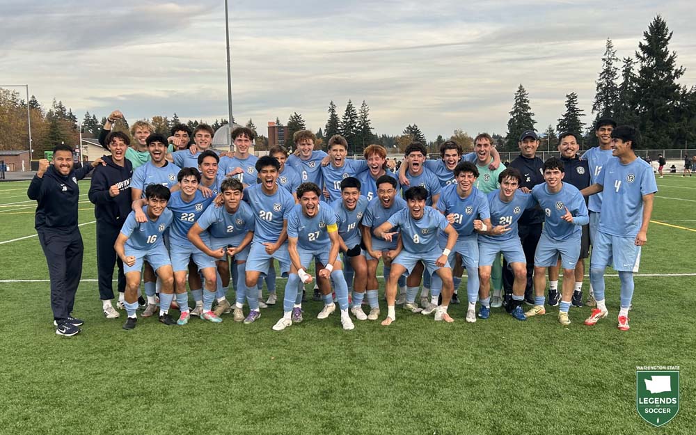 Following a title-clinching, 3-1 win at Pacific Lutheran, Whitman players celebrated the undefeated Blues' first outright Northwest Conference title in 2025. (Whitman Athletics)