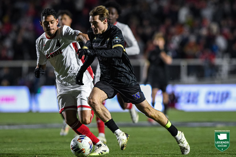 Richie Aman charged forward against N.C. State in the 2025 NCAA final, where he helped set up two goals. Aman was named a finalist for the MAC Hermann Award. (UW Athletics)