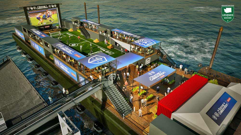 A rendering of Seattle Soccer Celebration powered by Lenovo, a floating mini-pitch and FIFA 2026 World Cup big screen viewing area, adjacent to Seattle's Pier 62.