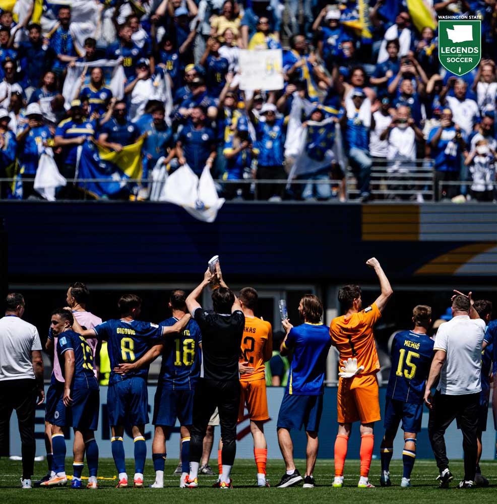 Bosnia and Herzegovina players wave to their legions of fans following the FIFA World Cup 2026 Group B match against Qatar on June 24. (Jane Gershovich/ISI Photos)