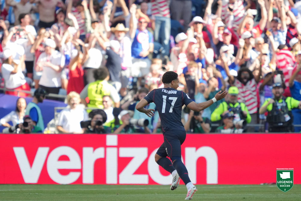 Malik Tillman of the United States celebrates scoring a free kick during the first half against Belgium during the FIFA World Cup 2026 round of 16 match at Seattle Stadium on July 6. (John Todd/ISI Photos)
